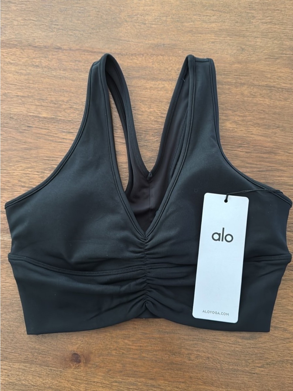 ALO Yoga Black V-Neck Ruched Front Sports Bra with Wide Straps